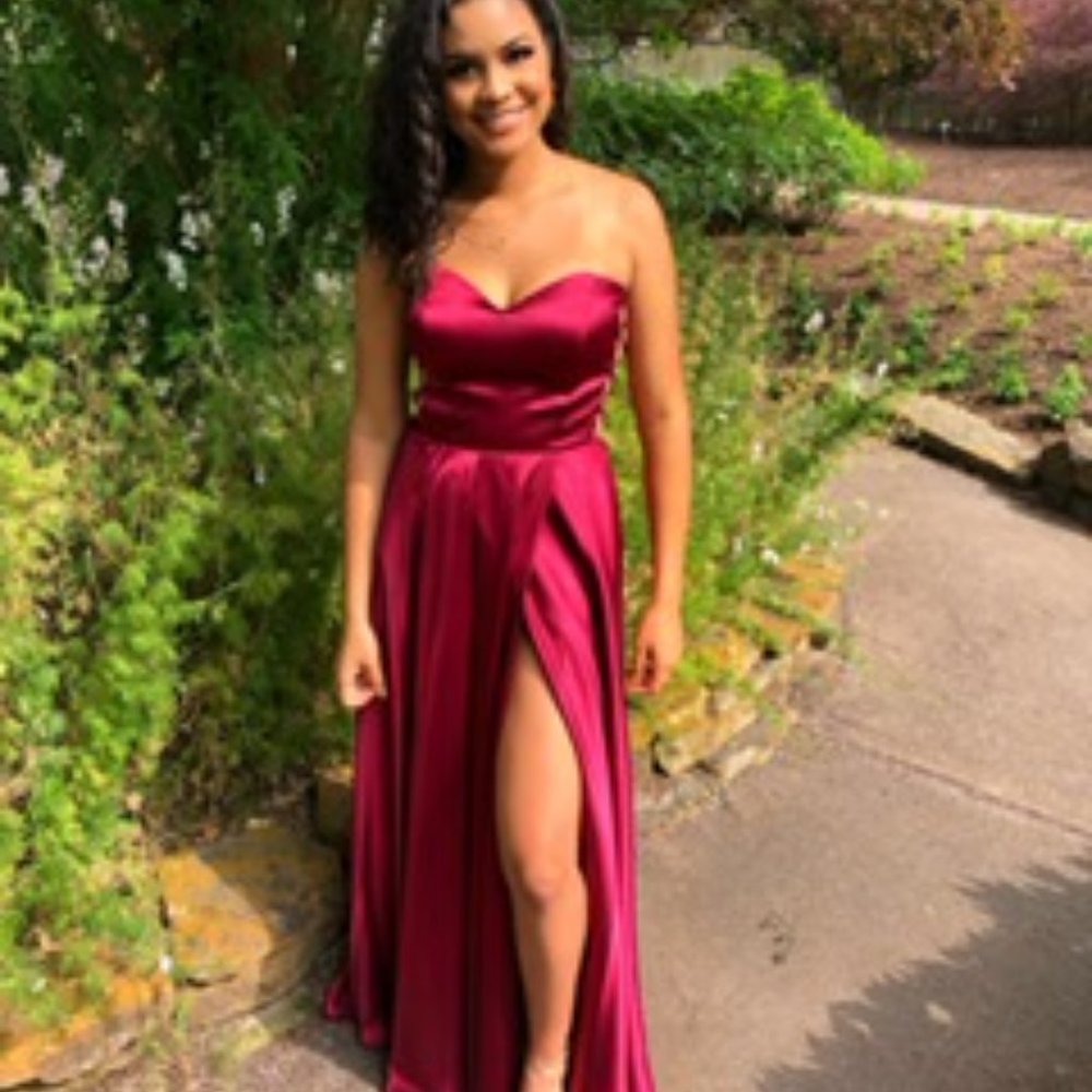 Long red satin prom dress